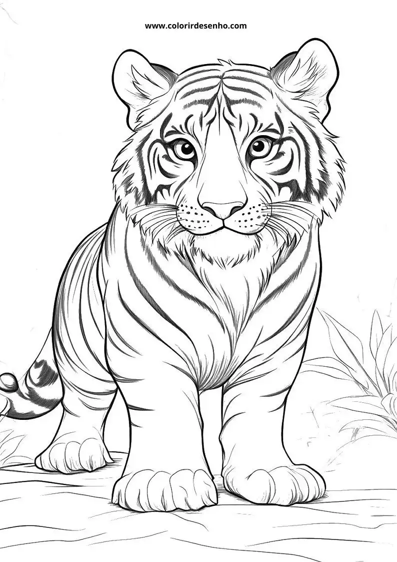 tiger cub standing alertly with stripes showing on fur
