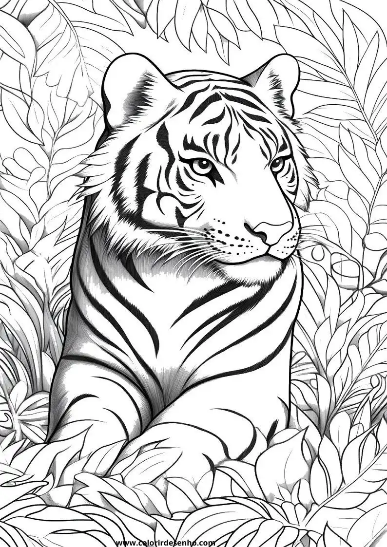 tiger lying down amidst tropical leaves in relaxed pose
