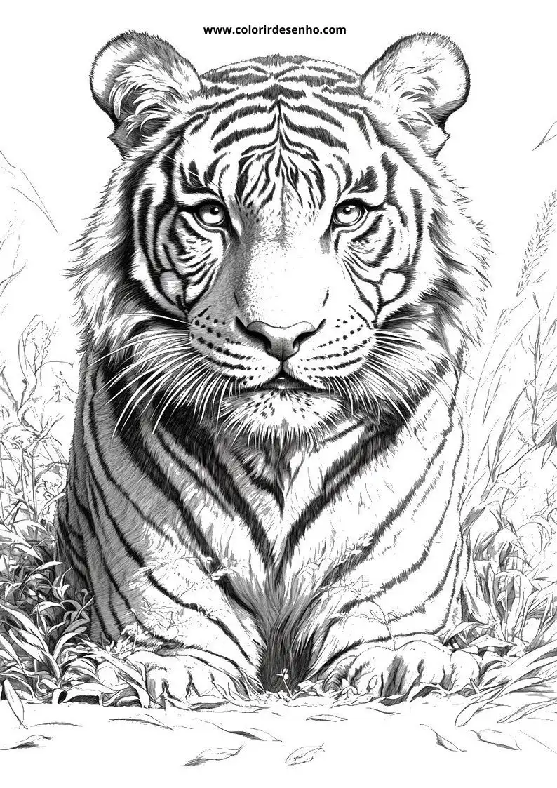 tiger lying in grass alert expression stripes visible