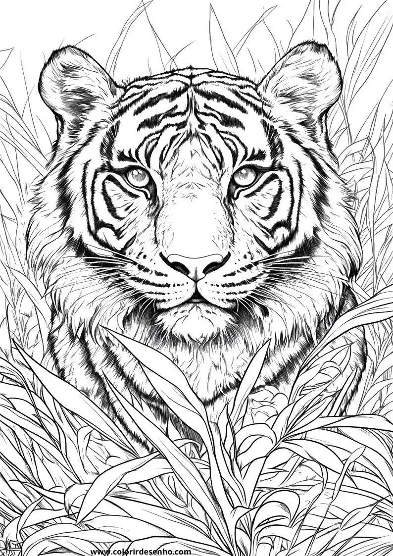 tiger lying in grass with intense gaze stripes visible