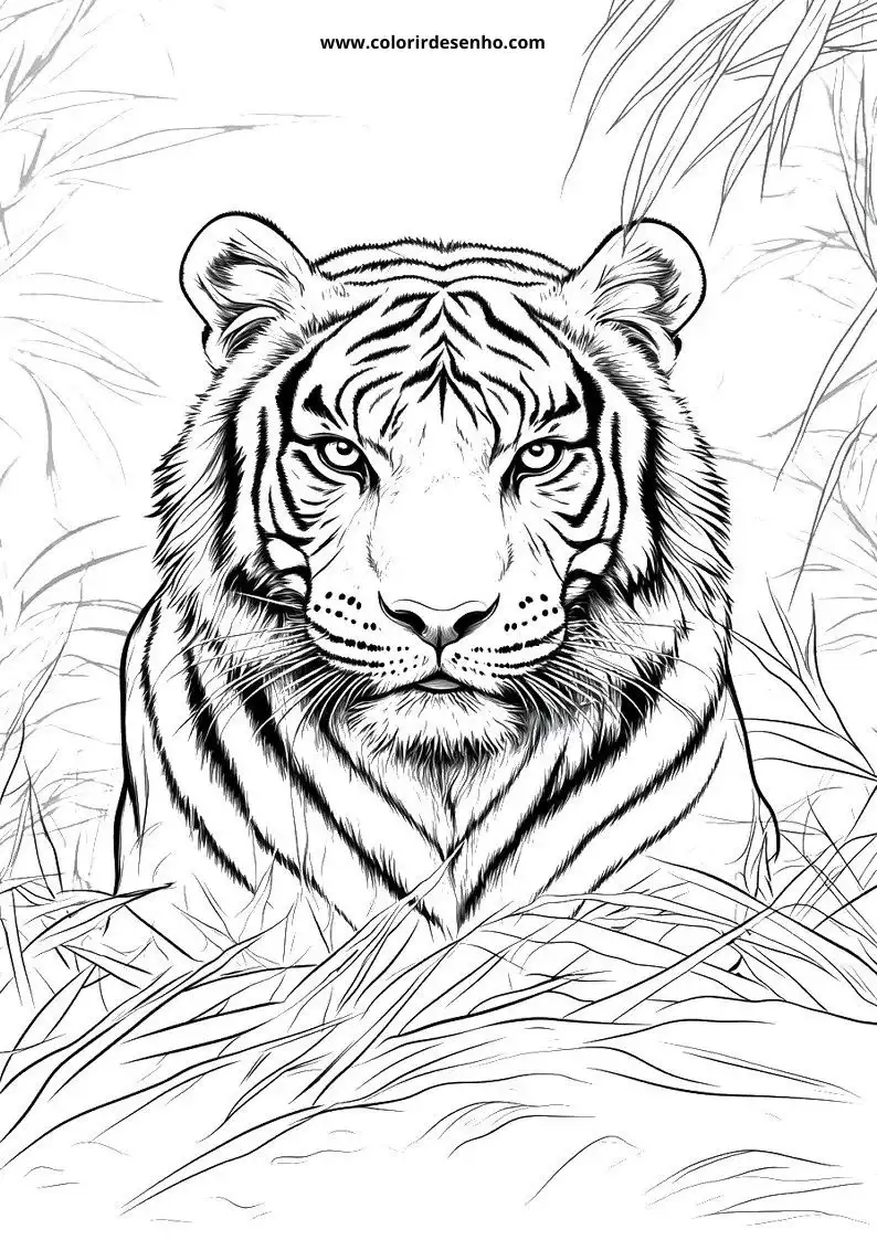 tiger lying in grass with intense gaze