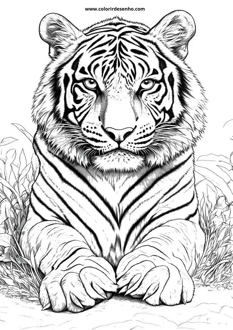 tiger lying on grass with paws open eyes wide open stripes visible