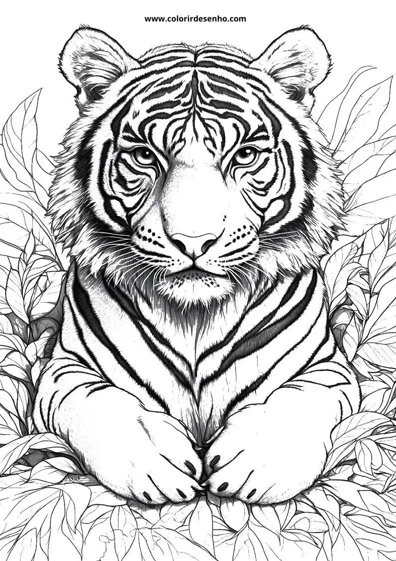 tiger lying on leaves in jungle setting
