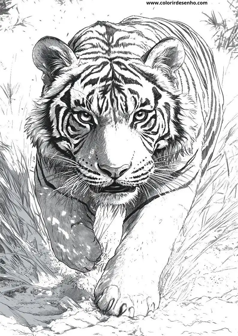 tiger peeking through grass staring intensely at viewer