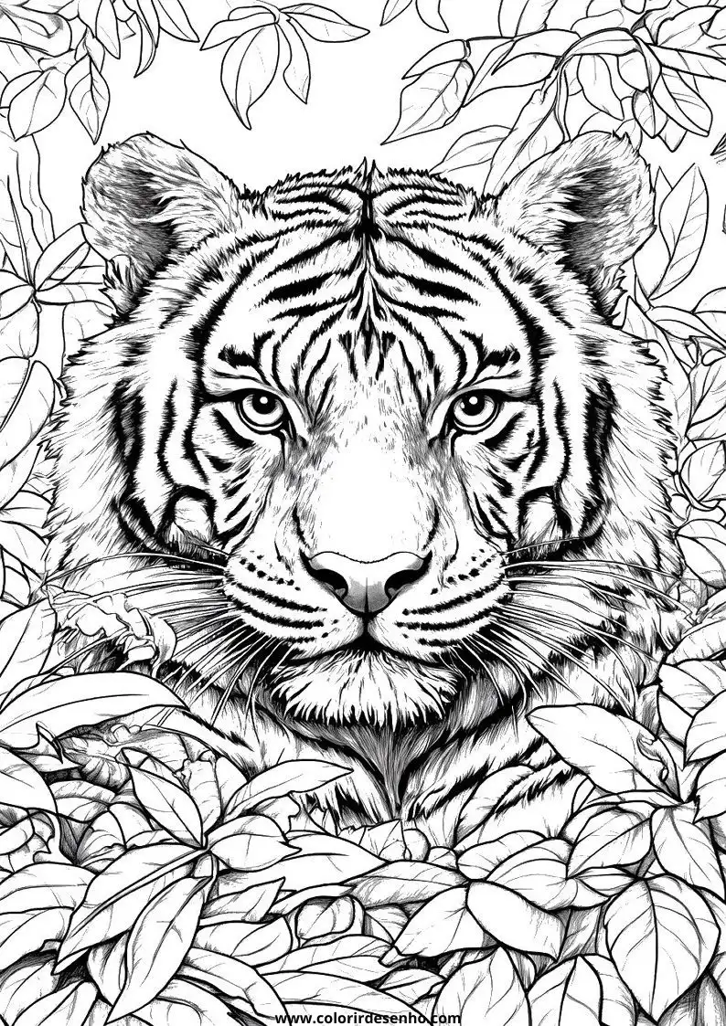 tiger peeking through leaves in jungle setting
