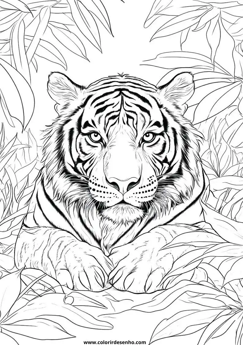 tiger resting among jungle foliage
