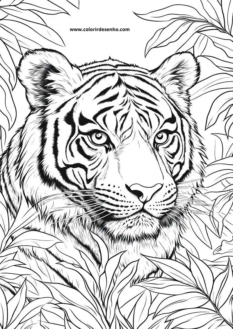 tiger resting among leaves in jungle setting