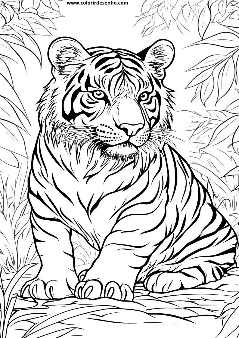 tiger resting in jungle foliage with focused gaze and striped fur visible