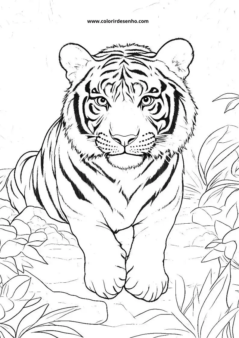 tiger resting on rock with jungle foliage visible behind it