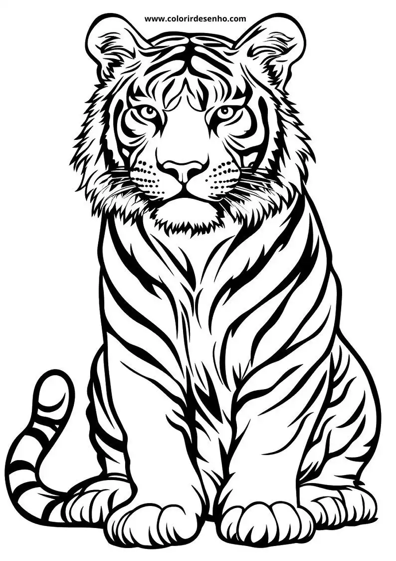 tiger seated alertly with striped fur markings showing