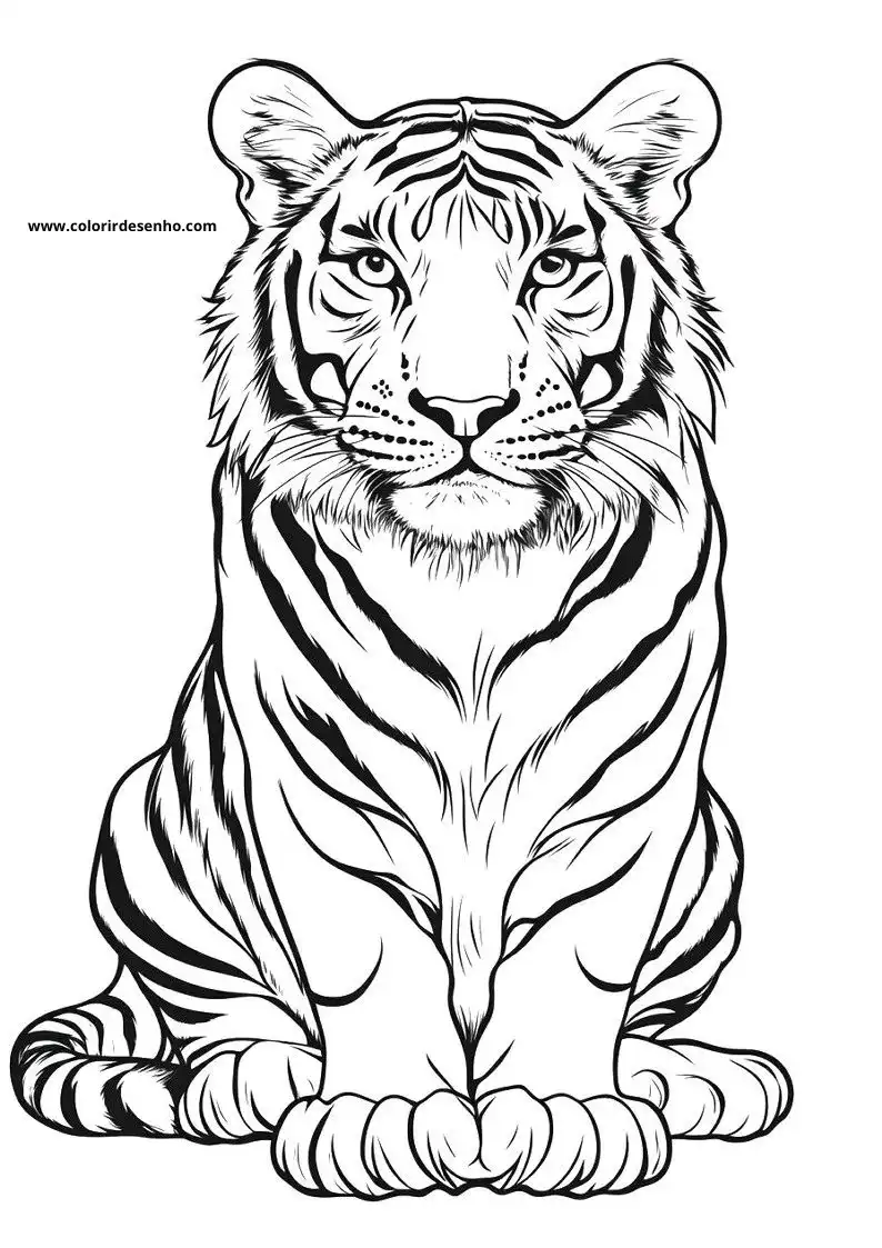 tiger seated alertly with striped fur markings visible