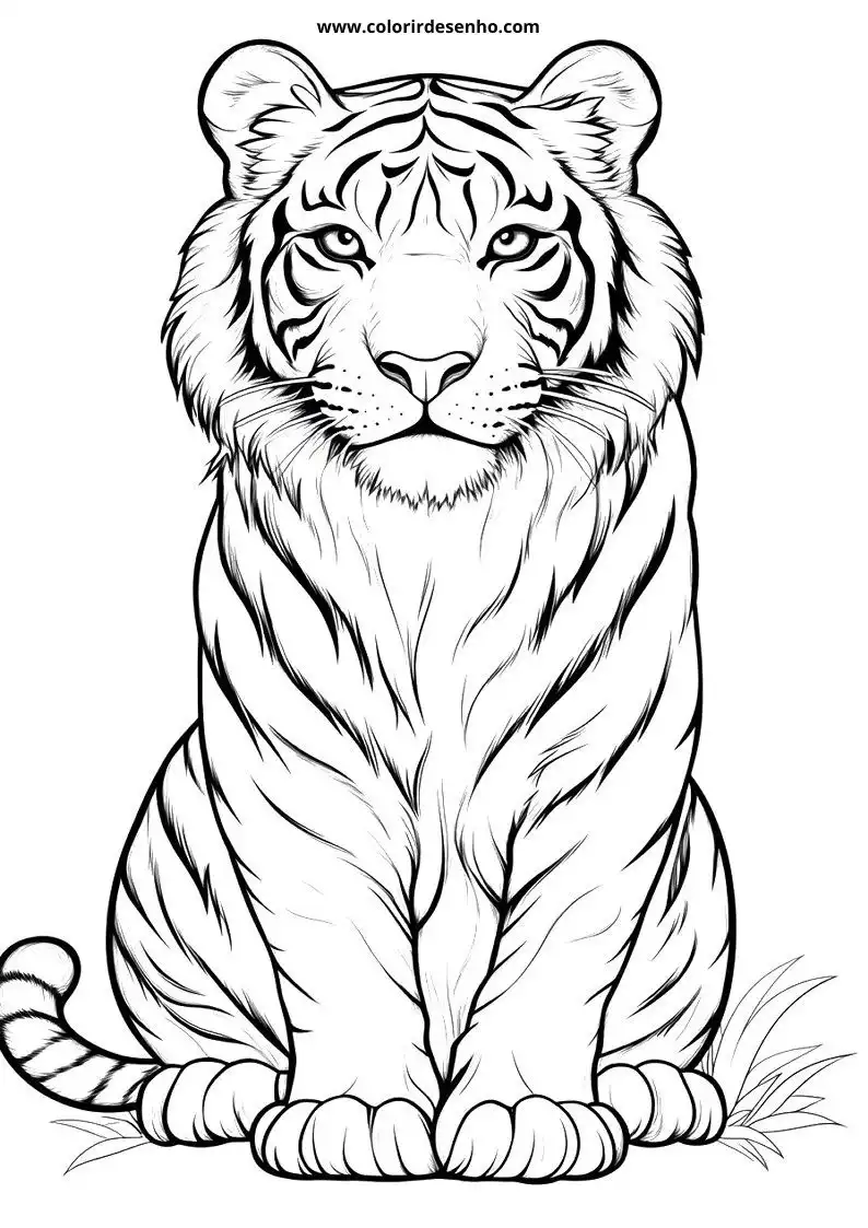 tiger seated alertly with striped fur pattern showing