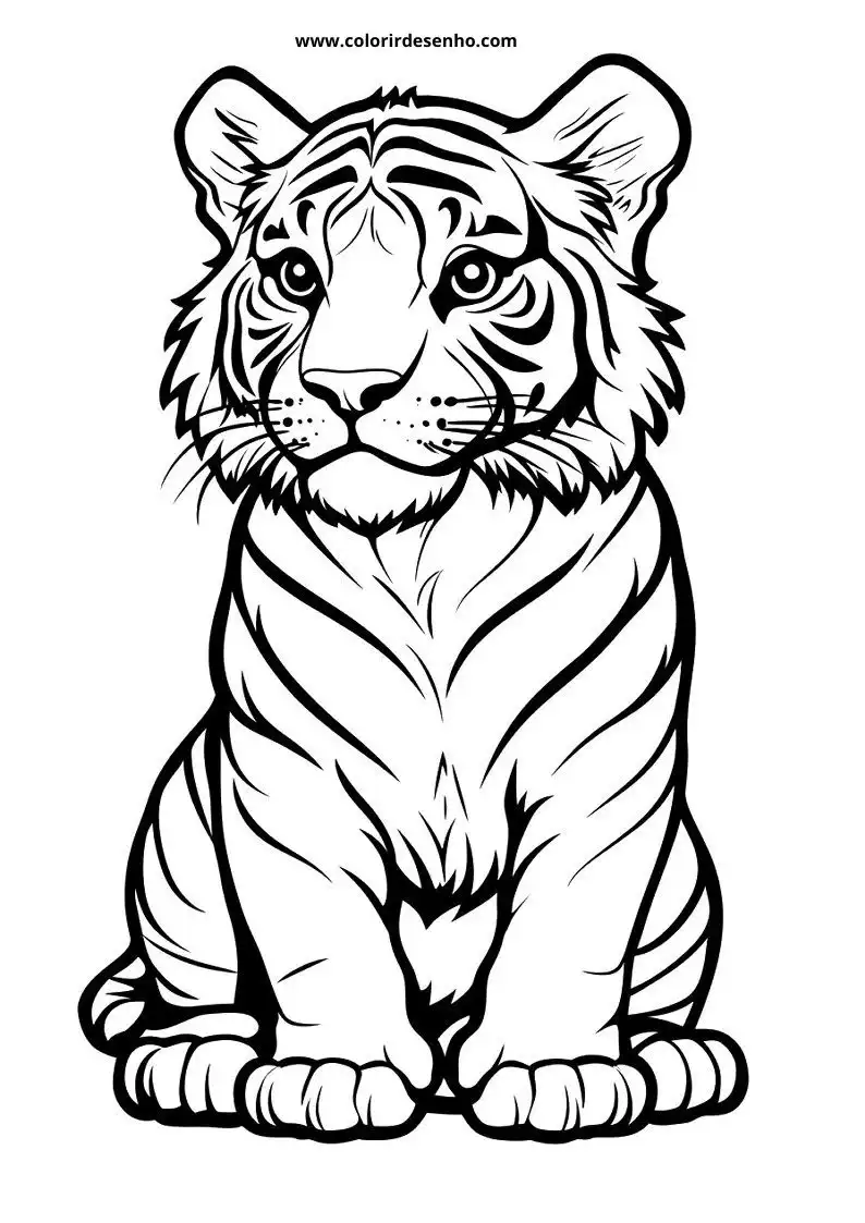tiger seated alertly with striped fur pattern visible