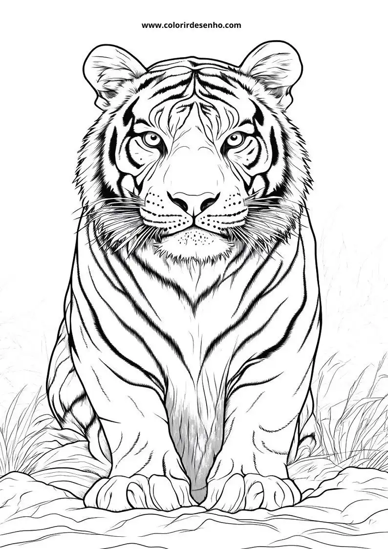 tiger seated regally on grassy mound with striped fur and piercing gaze
