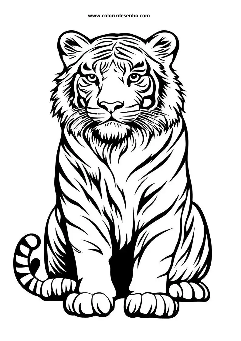 tiger seated upright facing forward stripes visible eyes open expression calm posture relaxed tail