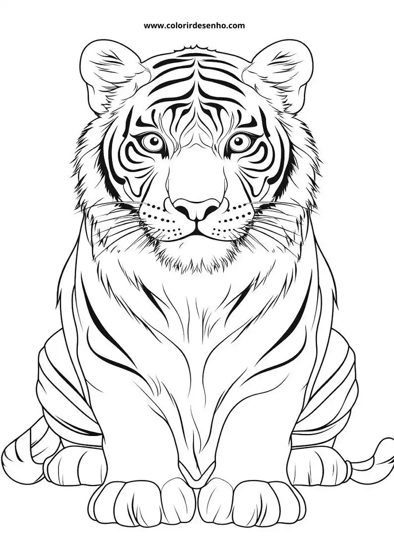 tiger sitting alert with stripes visible in black and white