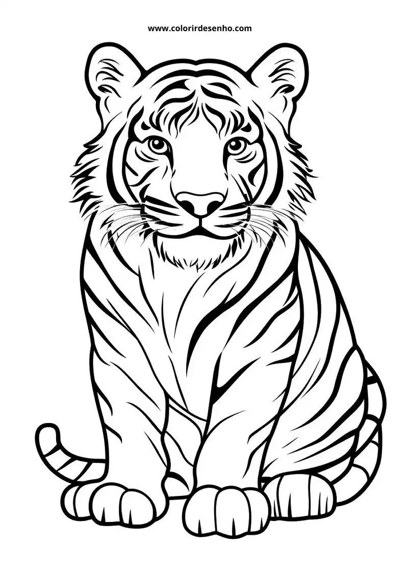 tiger sitting alertly facing forward black and white