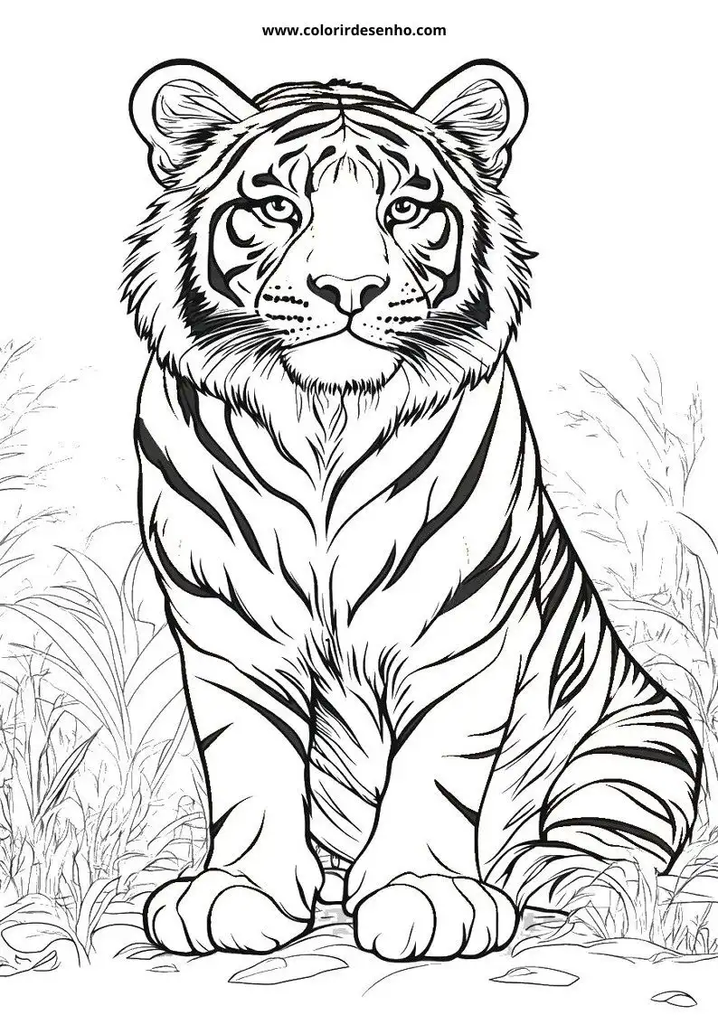 tiger sitting alertly with striped fur markings showing