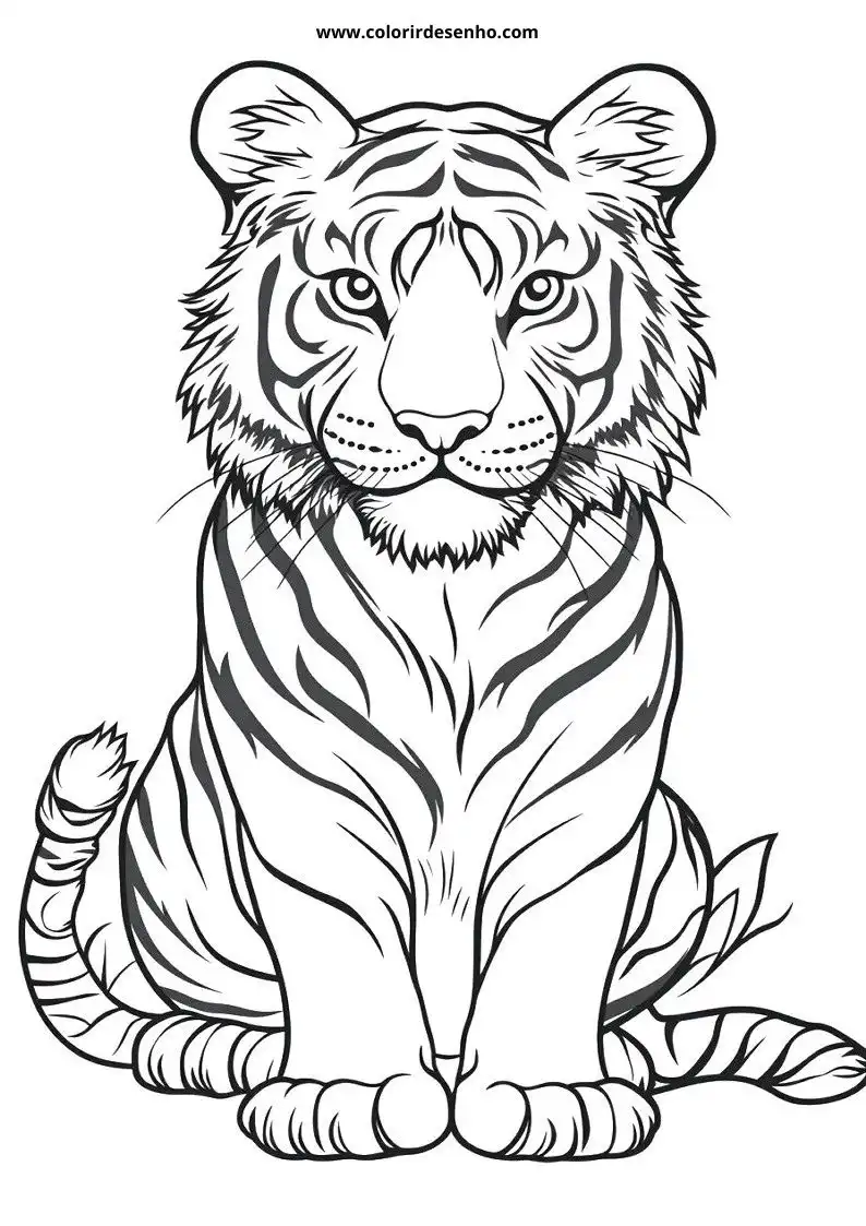 tiger sitting alertly with striped fur pattern showing