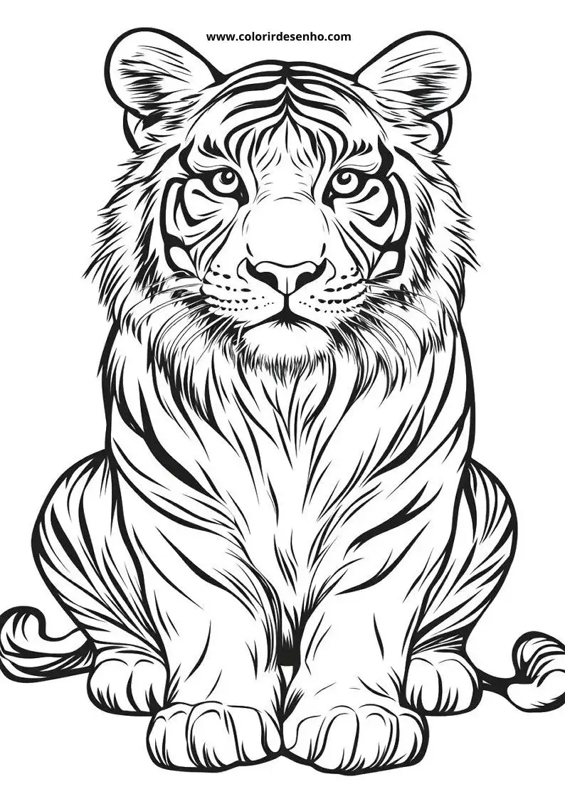 tiger sitting alertly with stripes visible on fur markings