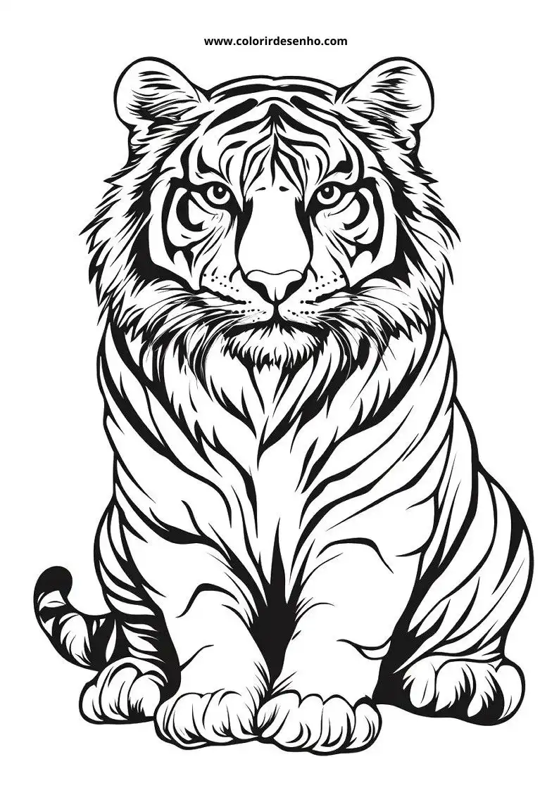 tiger sitting alertly with stripes visible on fur pattern