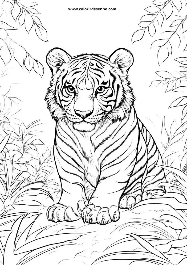 tiger sitting on branch in jungle setting