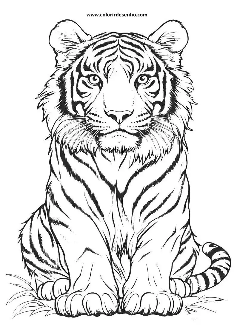 tiger sitting on grass alert expression stripes visible