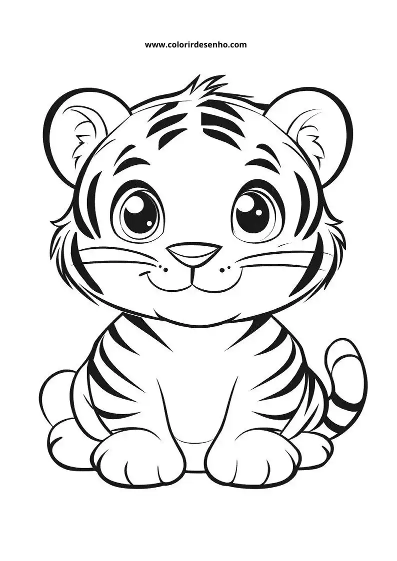 tiger sitting on ground with striped fur and big eyes