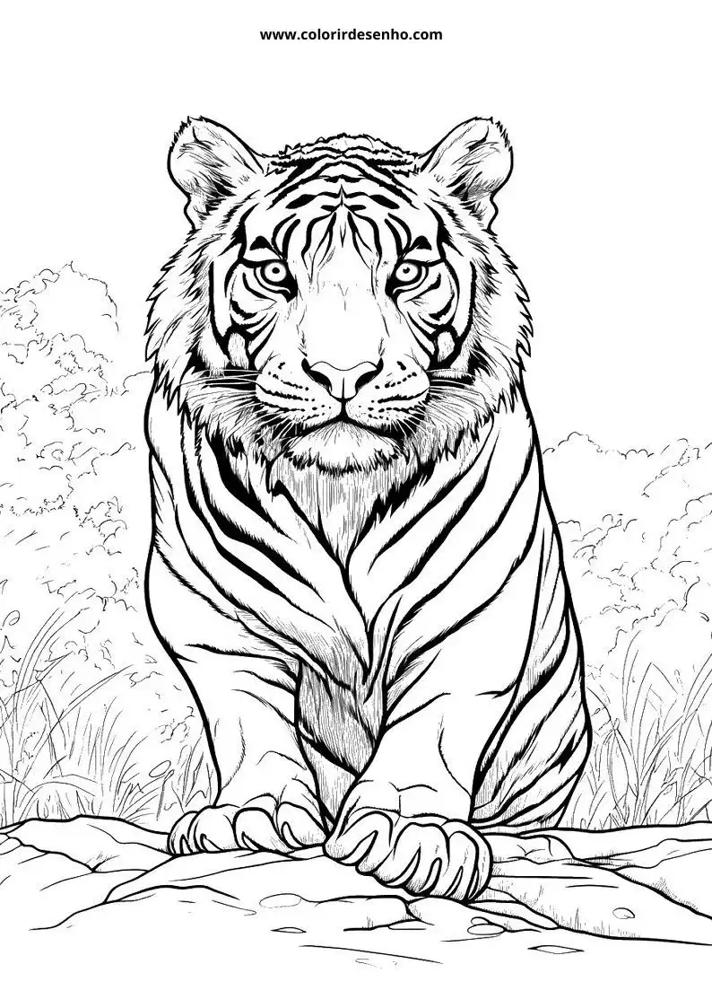tiger sitting on rock in grassy field