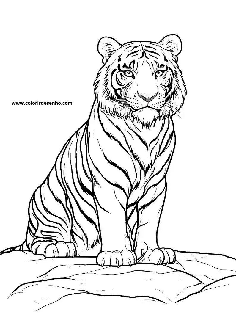 tiger sitting on rock stripes visible looking alert