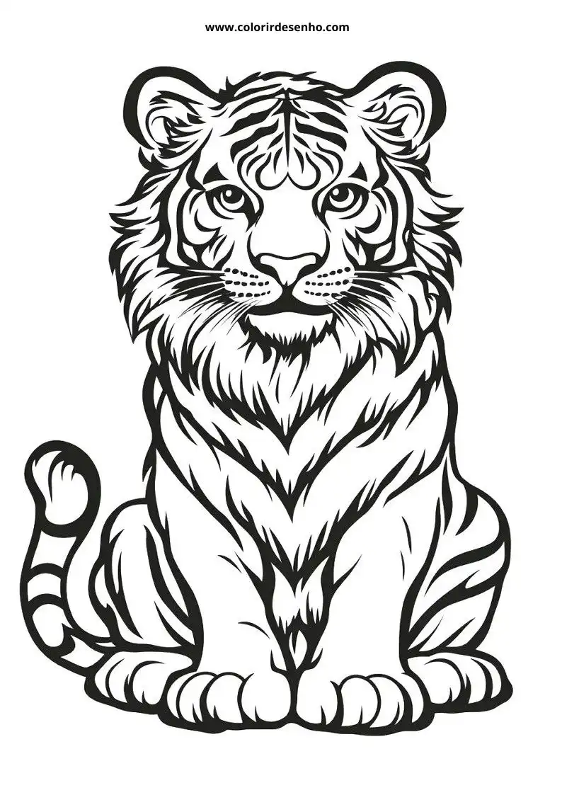 tiger sitting straight with intense gaze stripes prominent paws coiled around body