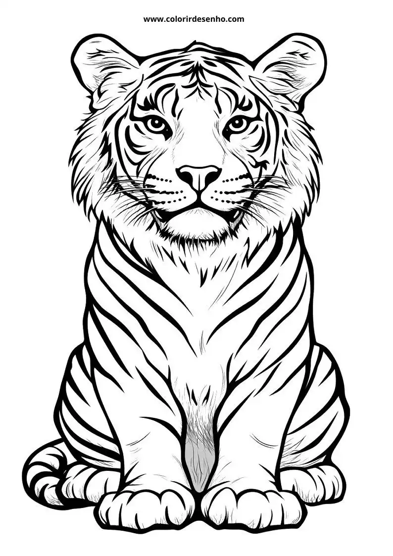 tiger sitting upright alert expression stripes visible paws curled around body
