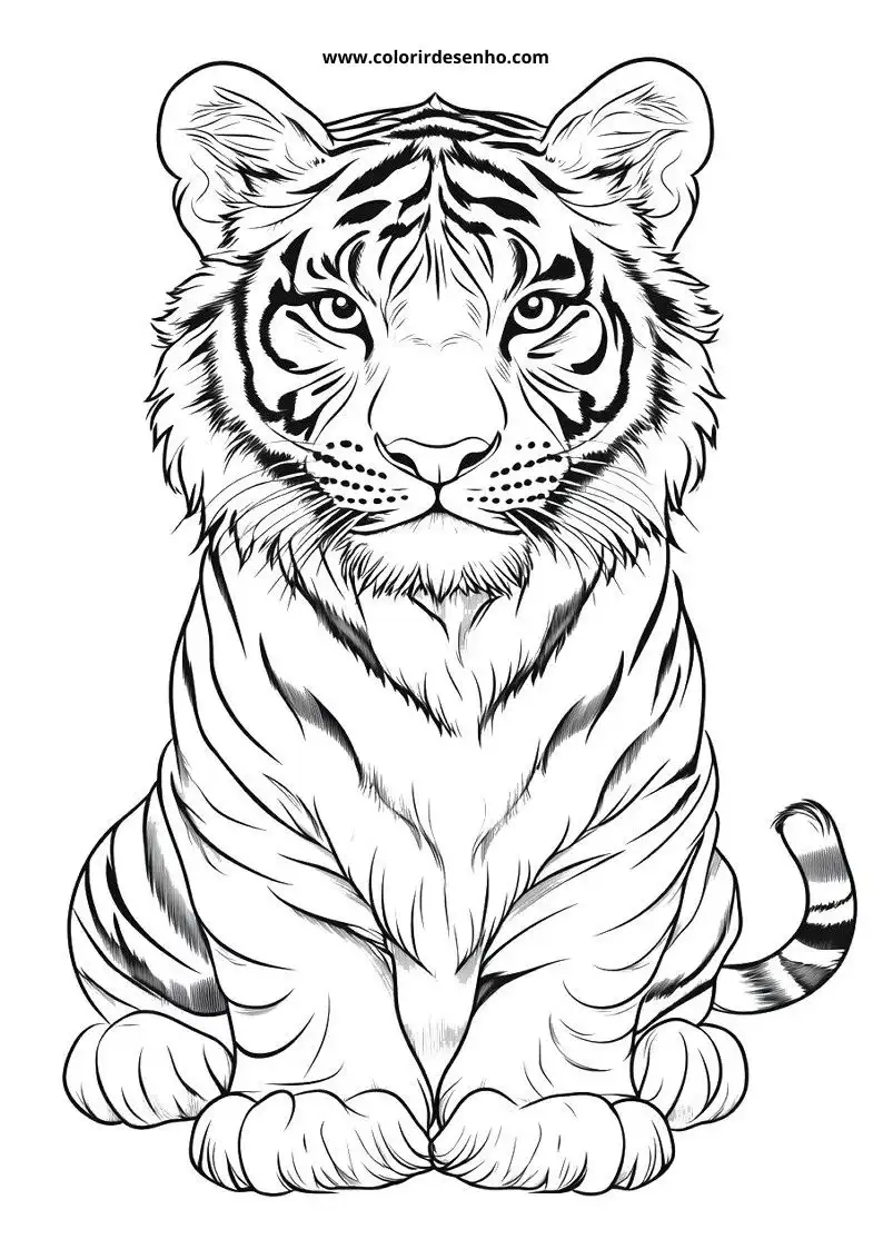 tiger sitting upright eyes wide open stripes clearly visible tail curled around body