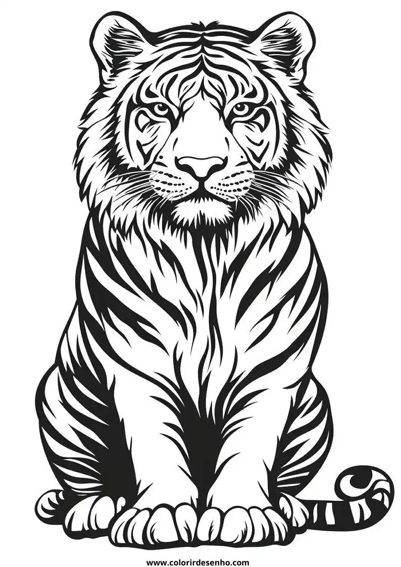tiger sitting upright in a detailed black and white style