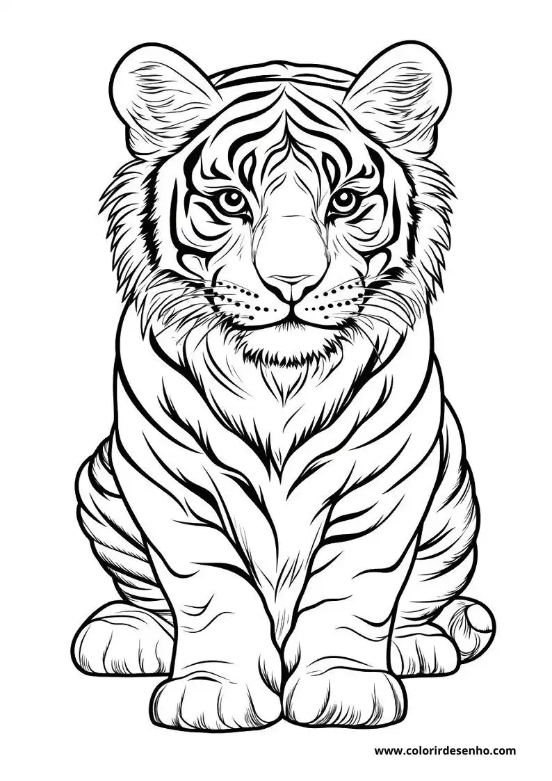tiger sitting upright in a relaxed pose eyes alert and ears perked up