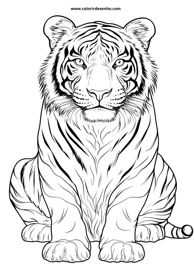 tiger sitting upright in a relaxed pose eyes wide open and alert stripes clearly