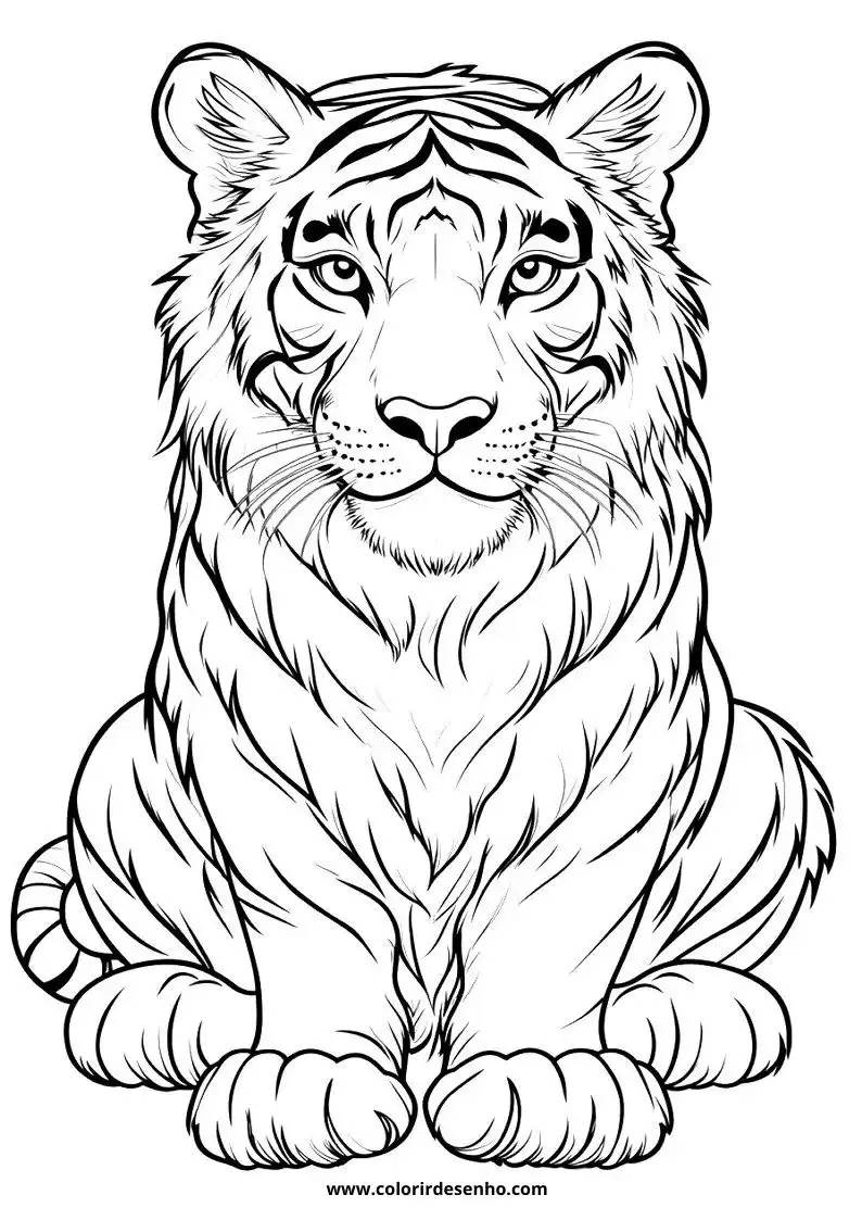 tiger sitting upright with detailed fur patterns visible
