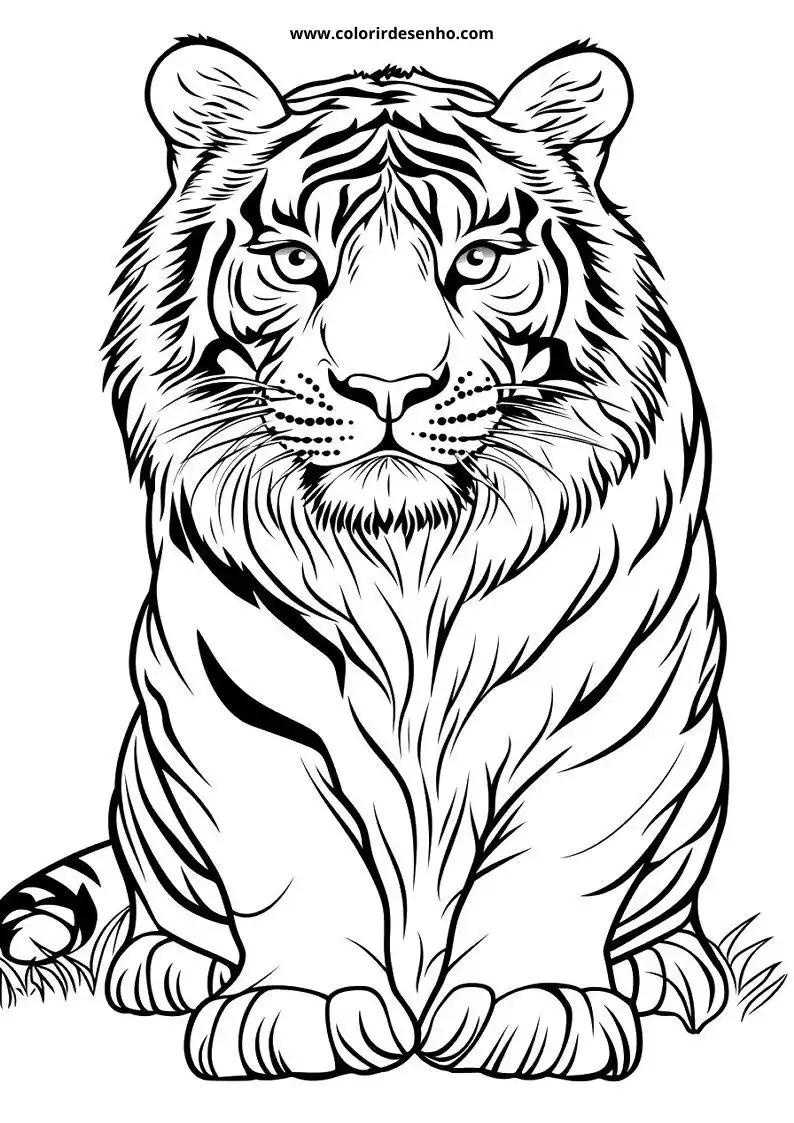 tiger sitting upright with intense gaze stripes prominent paws coiled around body