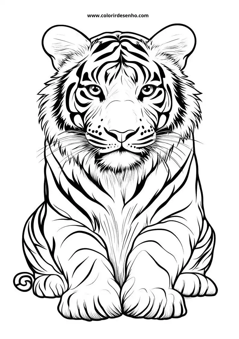 tiger sitting upright with intense gaze stripes prominent paws curled around body