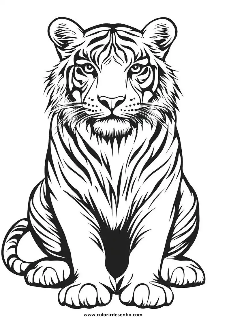 tiger sitting upright with intense gaze stripes prominent