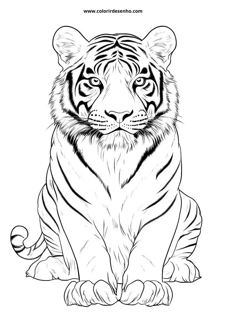 tiger sitting upright with intense gaze stripes visible