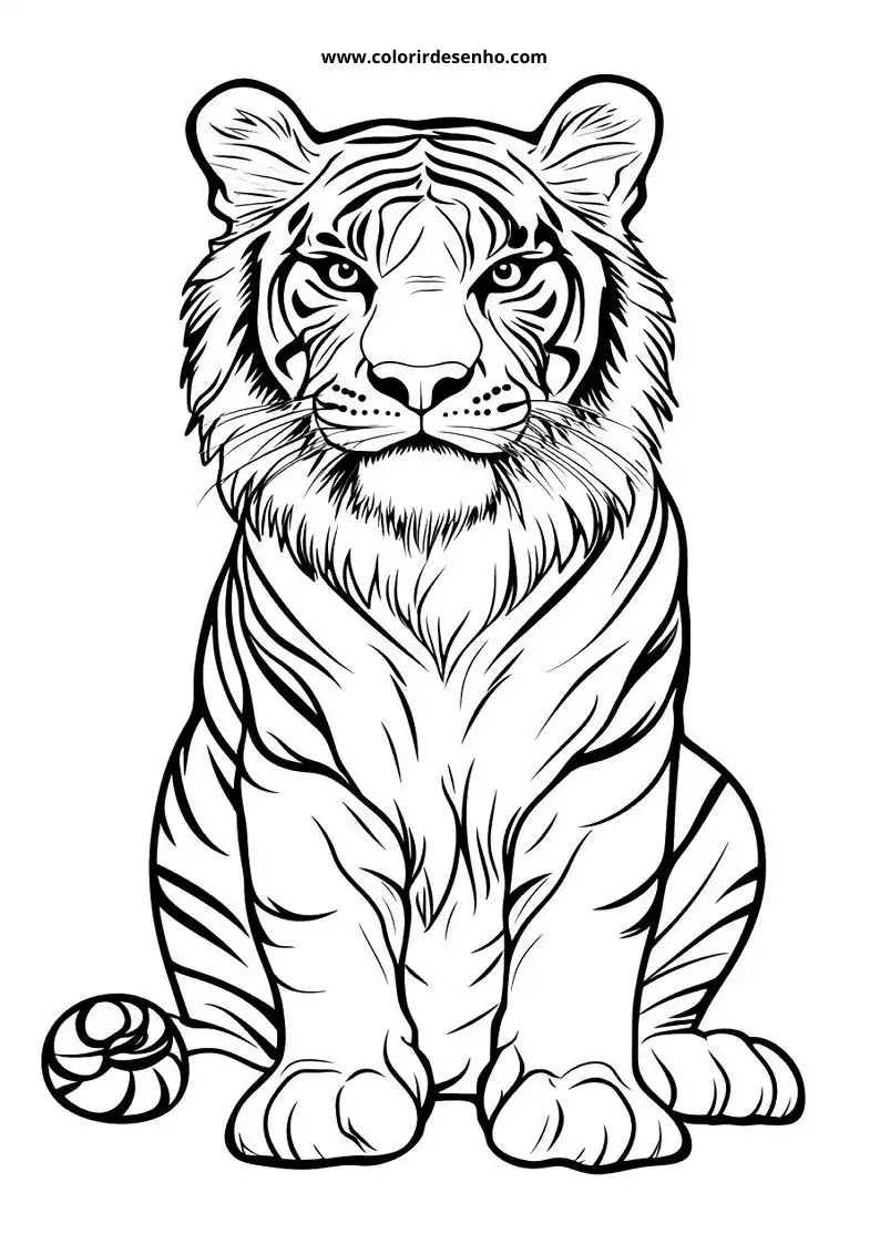 tiger sitting upright with striped fur and a ball beside it on floor