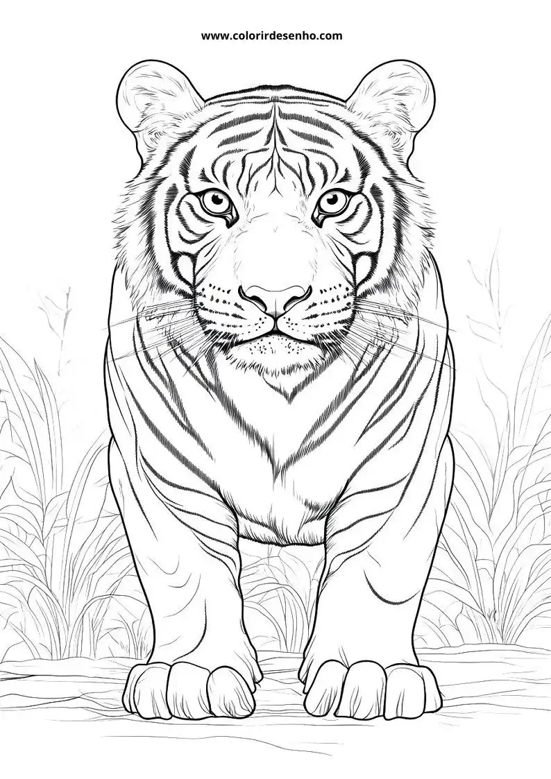 tiger standing alert in grass with grassy background