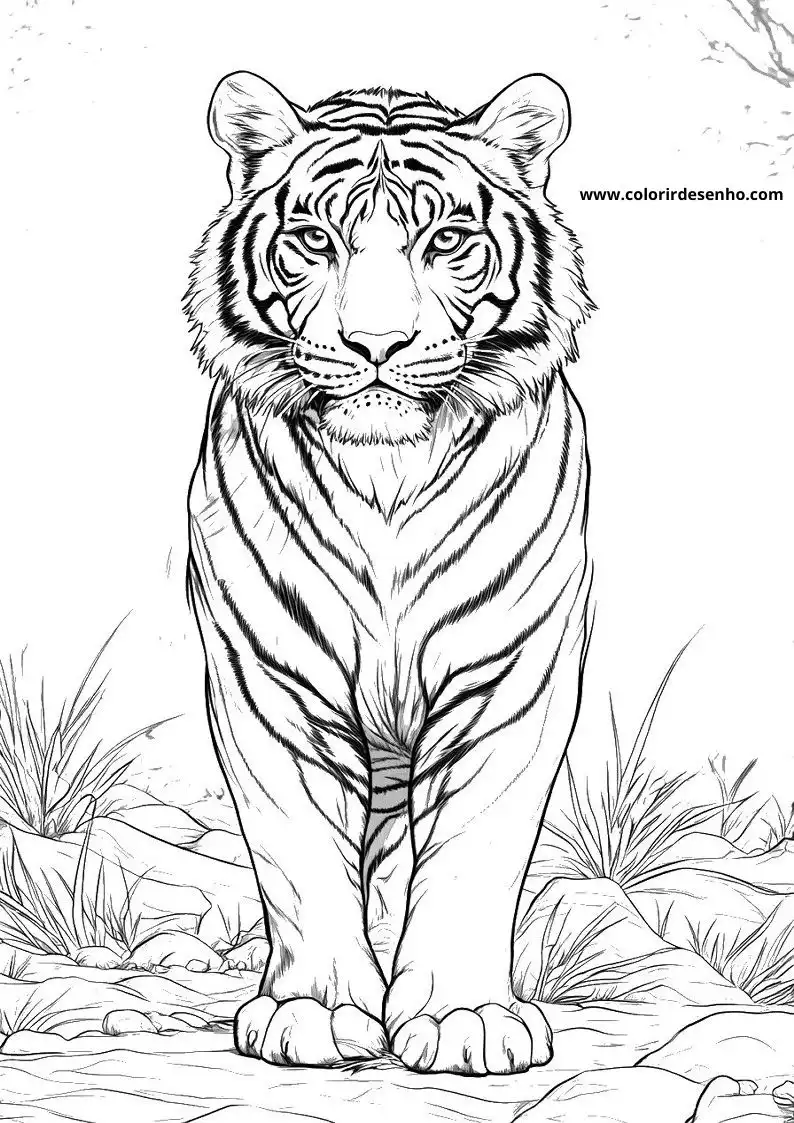 tiger standing alert in grassy terrain