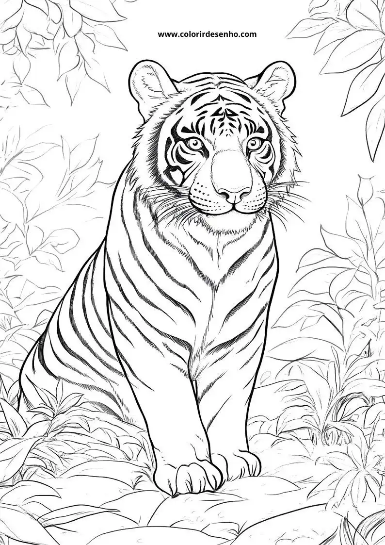 tiger standing alert in jungle with leaves surrounding it