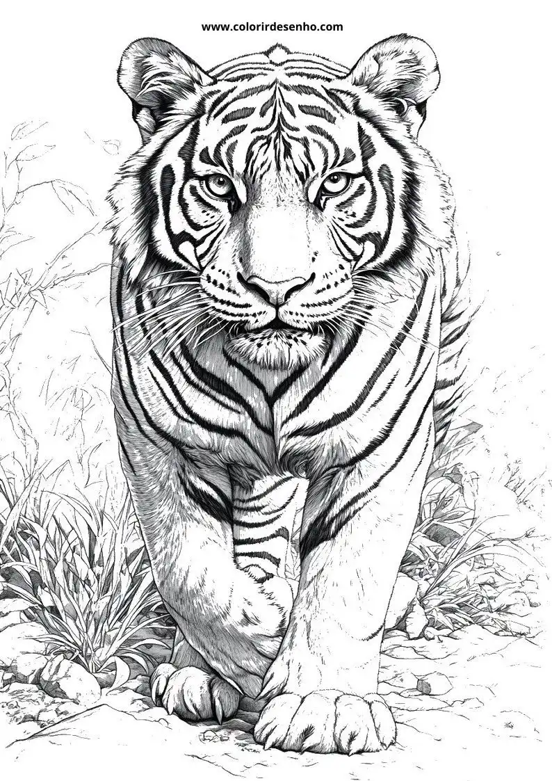 tiger standing in grassy terrain stripes clearly visible eyes alert and focused