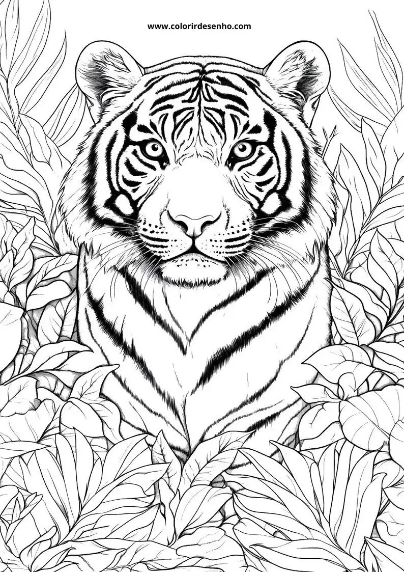 tiger surrounded by jungle leaves in a setting