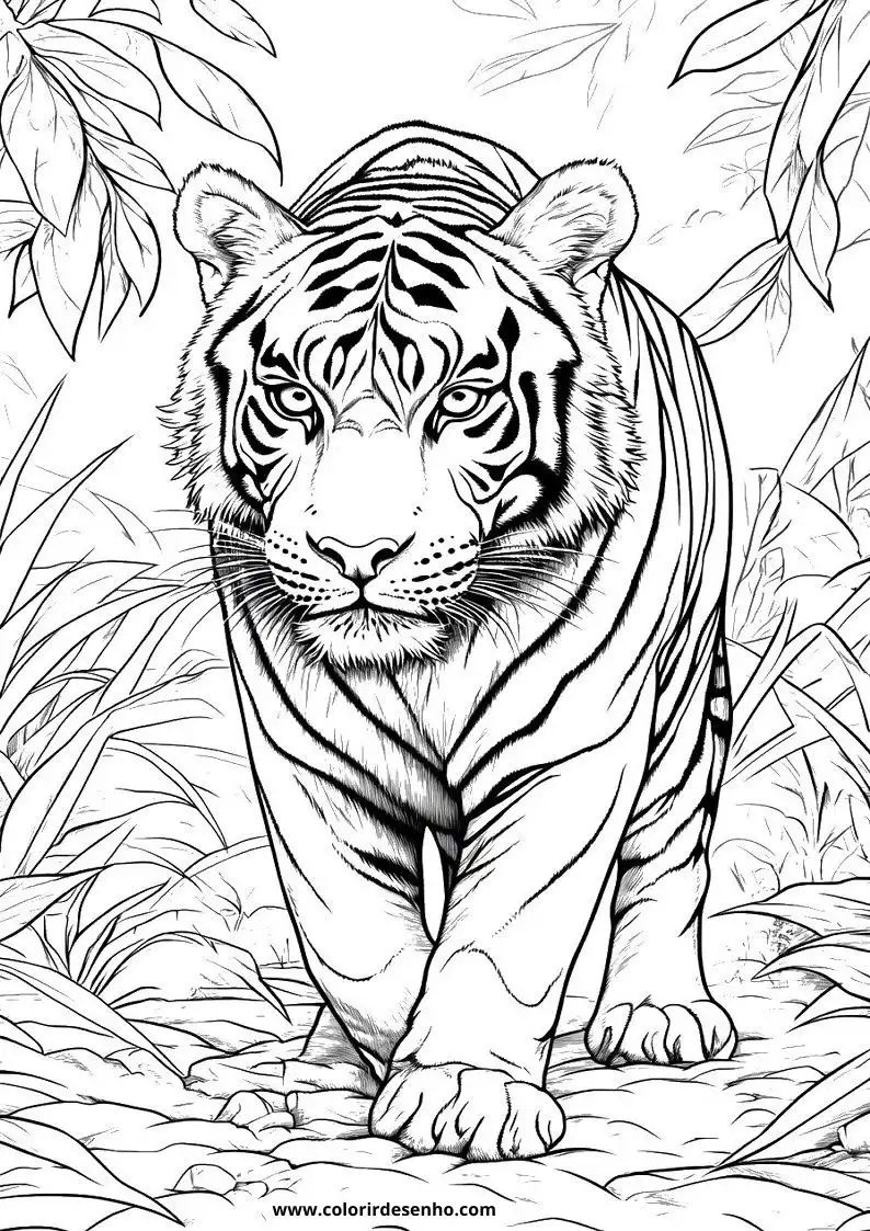 tiger walking through jungle foliage