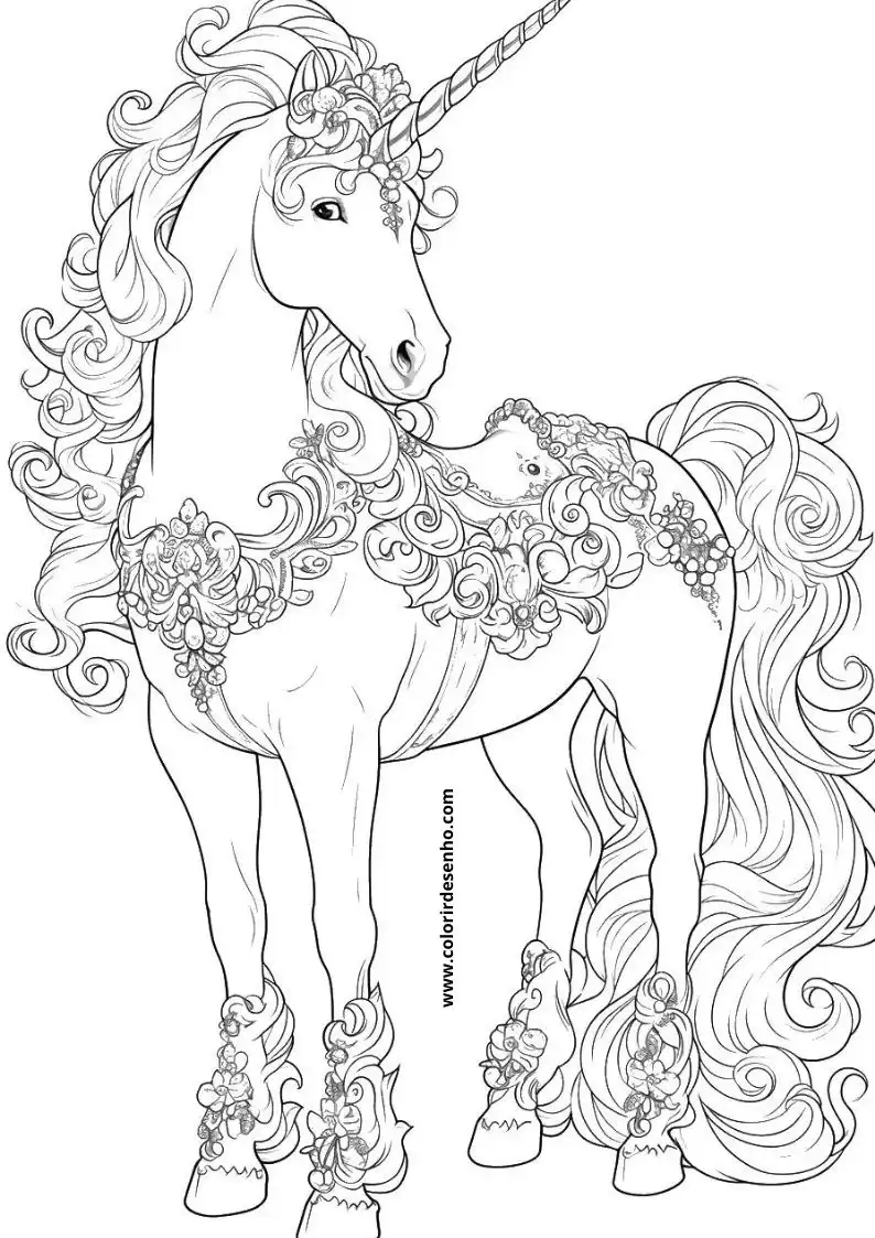 unicorn adorned with intricate floral patterns and ornate boots stands gracefully on a plain