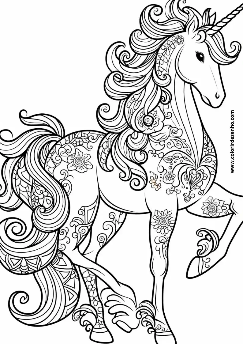 unicorn adorned with intricate patterns and a flowing mane stands gracefully in a detailed